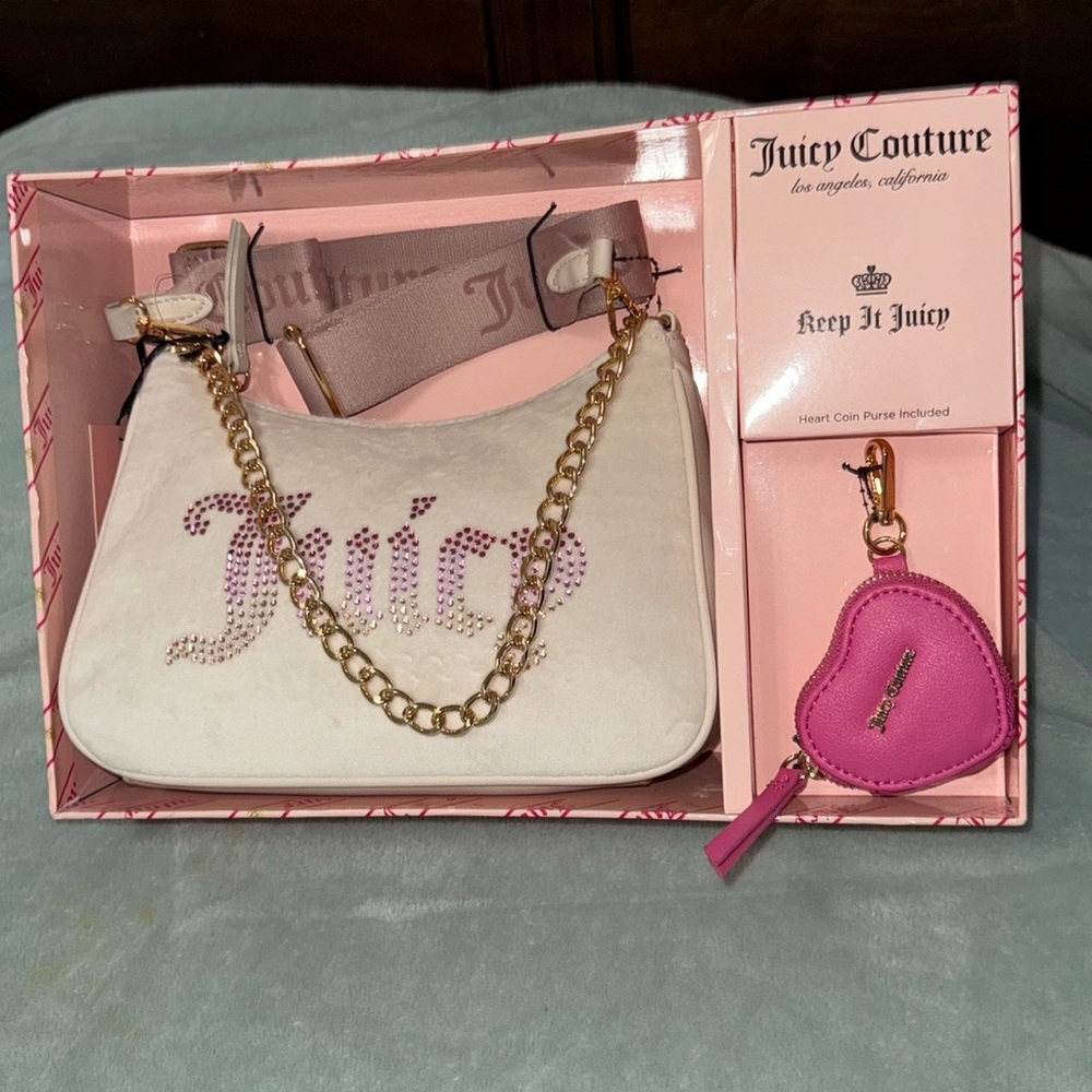Juicy Couture Pink and White Shoulder Bag with Gold Chain